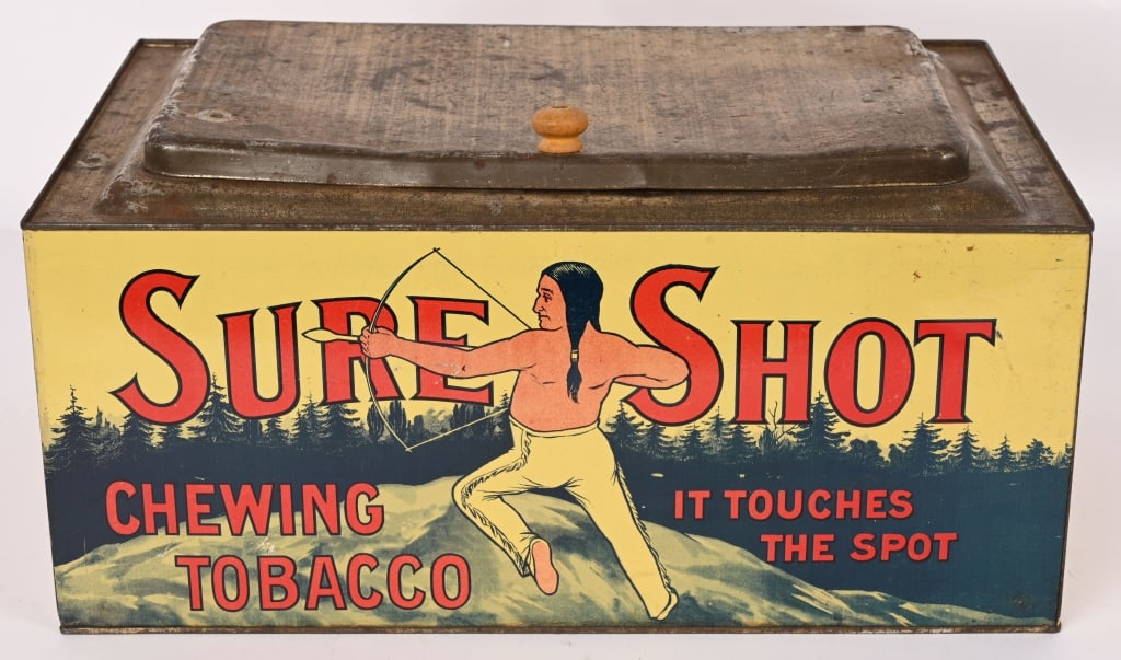 SURE SHOT TOBACCO TIN: Wonderful original Sure Shot Tobacco Tin. All original with great graphics of Indian with Bow and Arrow. Colors are very nice. Super clean condition. 15 1/4"x10 1/4"x8" Excellent