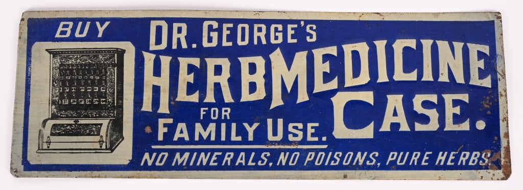 DR GEORGE HERB MEDICINE CASE EMBOSSED TIN SIGN: Dr George Herb Medicine Case embossed tin Sign. All original with nice colors. Has some edge wear on one side. 14"x5" Excellent