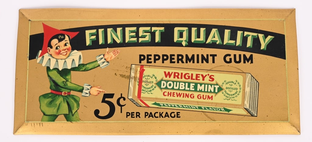 WRIGLEY'S CHEWING GUM TIN SIGN: Wrigley's Chewing Gum tin over cardboard Sign. All original with nice graphics and colors. 13"x6" Excellent
