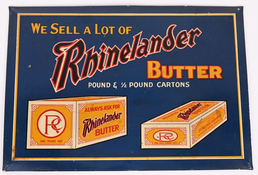RHINELANDER BUTTER TIN SIGN: Rhinelander Butter tin over cardboard Sign. All original with nice colors. 13"x9 1/2" Excellent
