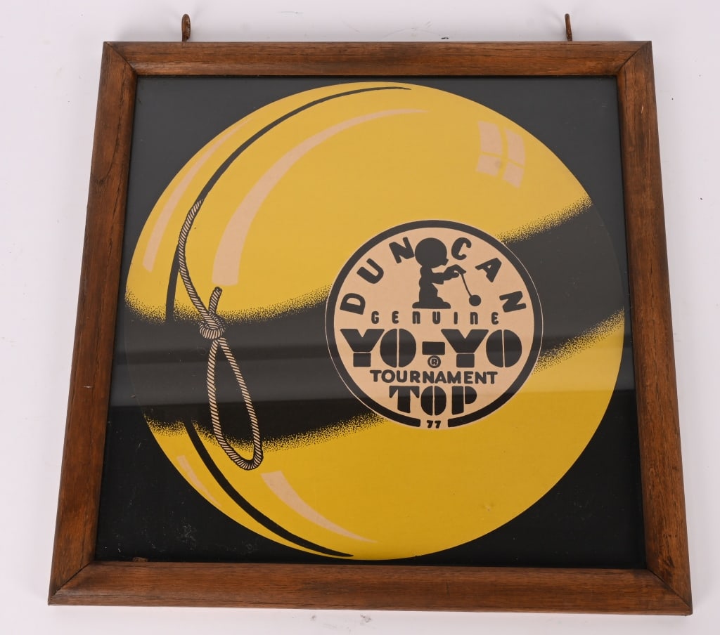 DUNCAN YOYO DIECUT ADVERTISING SIGN: Duncan YoYo diecut cardboard Advertising Sign. All original Framed. 15"x15" Excellent