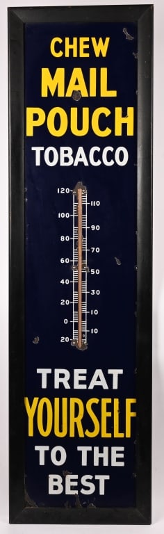 CHEW MAIL POUCH TOBACCO PORCELAIN THERMOMETER: 5' Chew Mail Pouch Tobacco porcelain Thermometer. All original with nice colors and shine. Still has glass thermometer. Very nice shape with only a few minor spots of loss. 60" x21" Excellent