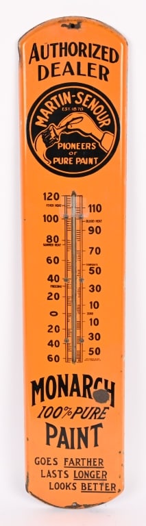 MARTIN SENOUR PAINT PORCELAIN THERMOMETER: Martin Senour Paint Porcelain Thermometer. Alloriginal with nice colors. Has a few small spots of loss. 39" Excellent