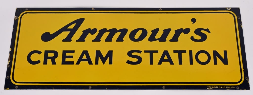 ARMOUR CREAM STATION PORCELAIN SIGN: Armour Cream Station porcelain Sign. All original with nice colors. Very cl;ean condition. Marked Veribrite along bottom. 41"x15" Excellent
