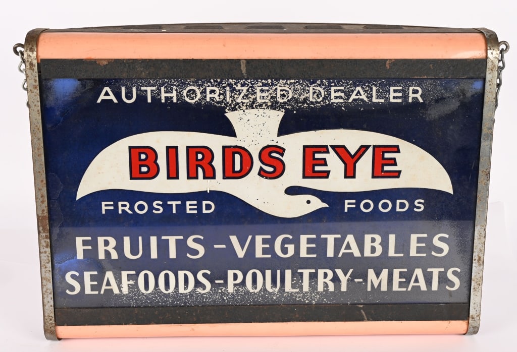 BIRDS EYE FOODS REVERSE PAINTED LIGHTUP SIGN: Original Birds Eye Foods Dealer reverse painted glass Lightup Sign. Has some loss. No cord to test. 18"x13" Very Good