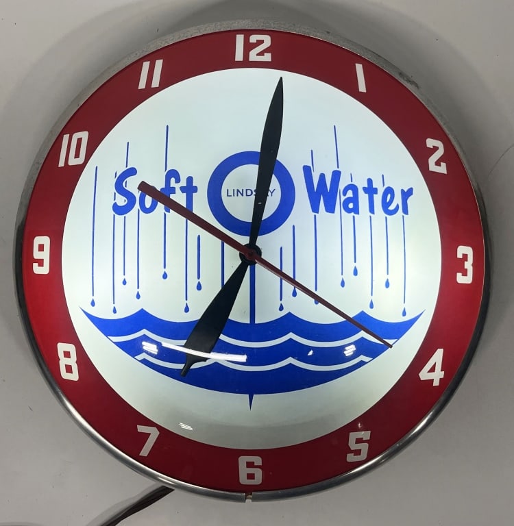 LINDSAY SOFT WATER DOUBLE BUBBLE CLOCK: Linsay Soft Water Double Bubble Clock. All original in great shape. Worked when tested. 16" Excellent
