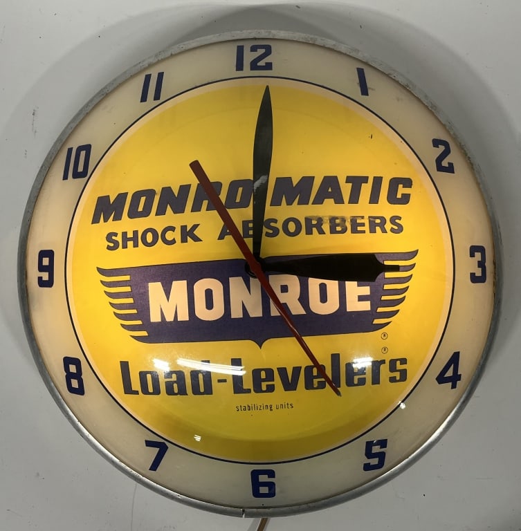 MONROE SHOCKS DOUBLE BUBBLE CLOCK: Monroe Shock Absorbers Double Bubble Clock. All original in great shape. Worked when tested. 16" Excellent