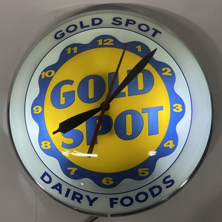 GOLD SPOT DAIRY DOUBLE BUBBLE CLOCK: Gold Spot Dairy Double Bubble Clock. All original in great shape. Worked when tested. 16" Excellent