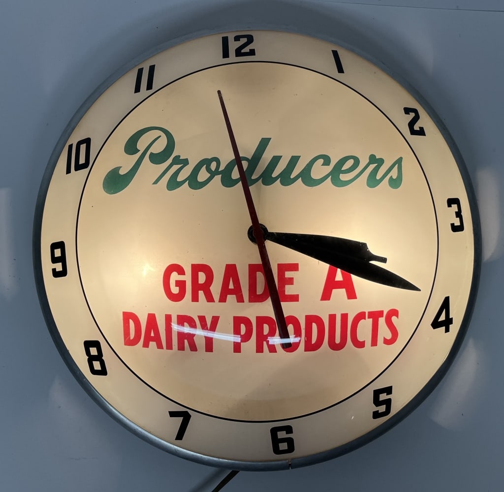 PRODUCERS GRADE A DAIRY DOUBLE BUBBLE CLOCK: Producers Grade A Dairy Products Double Bubble Clock. All original in great shape. Worked when tested. 16" Excellent
