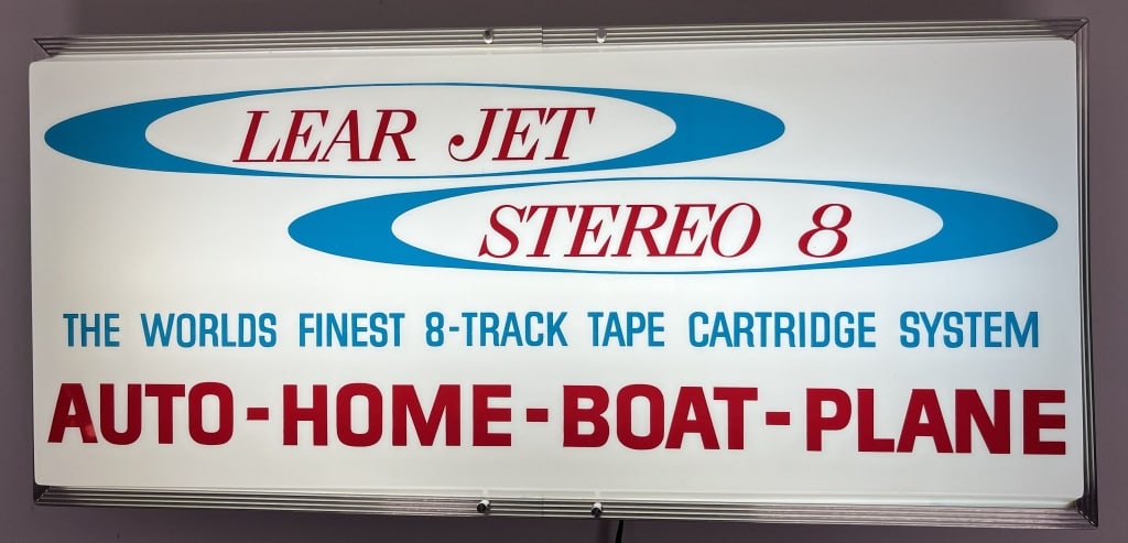 LEAR JET STEREO 8 TRACK LIGHTUP SIGN: Lear Jet Stereo 8 Track Lightup Sign. All original and worked when tested. 26"x12" Excellent