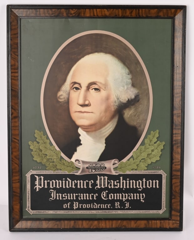 PROVIDENCE WASHINGTON INSURANCE CO TIN SIGN: Providence Washington Insurance Company tin Sign. All original with great image of George Washington. In wood frame. 26 1/2"x20 1/2" Excellent