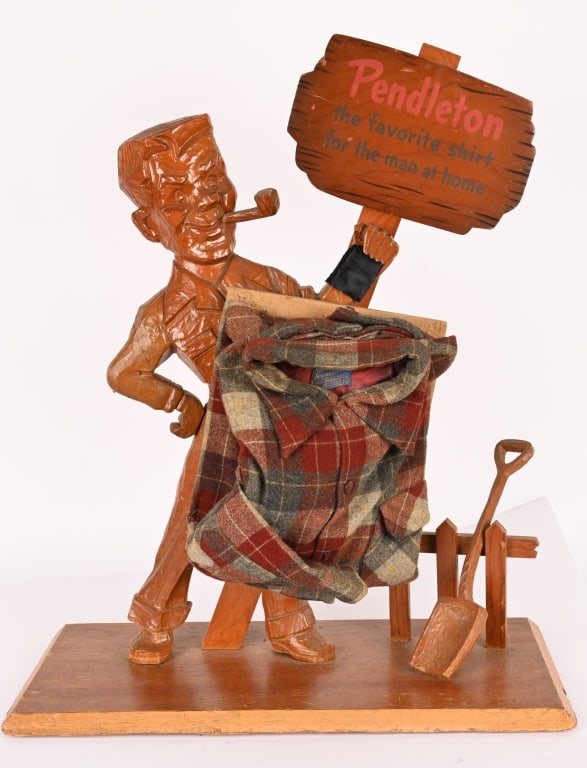 PENDLETON SHIRT WOODEN ADVERTISING DISPLAY: Pendleton Shirts wooden Advertising Display. Great looking with figure holding real shirt. Nice condition. 28"x24" Excellent