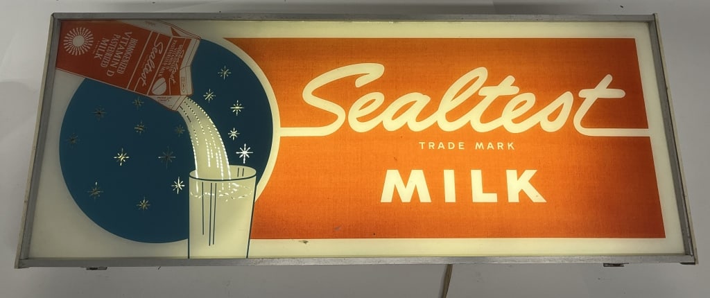 SEALTEST MILK LIGHTUP SIGN: Sealtest Milk Lightup Sign. All original with nice colors. Worked when tested. 26"x10" Excellent