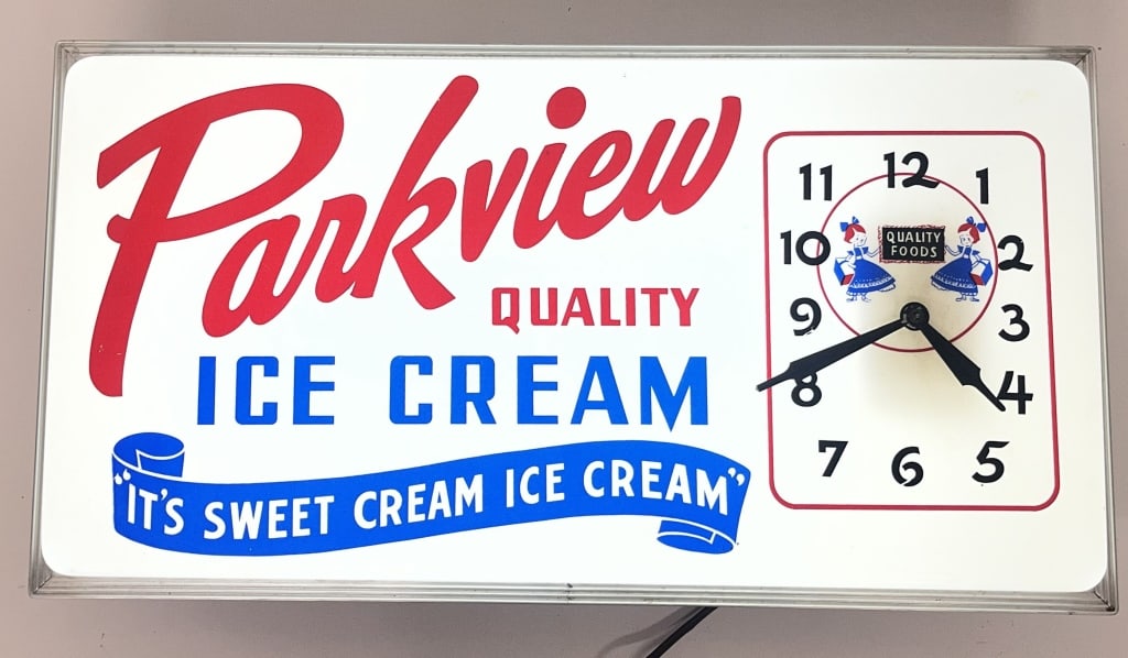 PARKVIEW ICE CREAM LIGHTUP CLOCK: Parkview Ice Cream Lightup Clock. Has nice colors and graphics. Works. 25 1/2"x13 1/2" Excellent