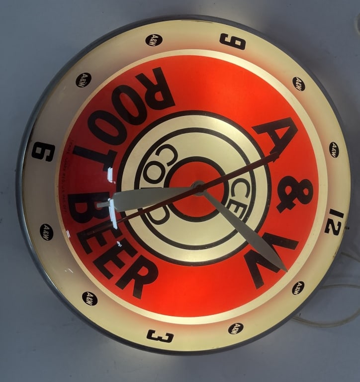 A&W ROOT BEER DOUBLE BUBBLE CLOCK: A&W Root Beer double bubble Clock. All original in great condition. Has advertising products decal on back. Worked when tested. 15" Excellent