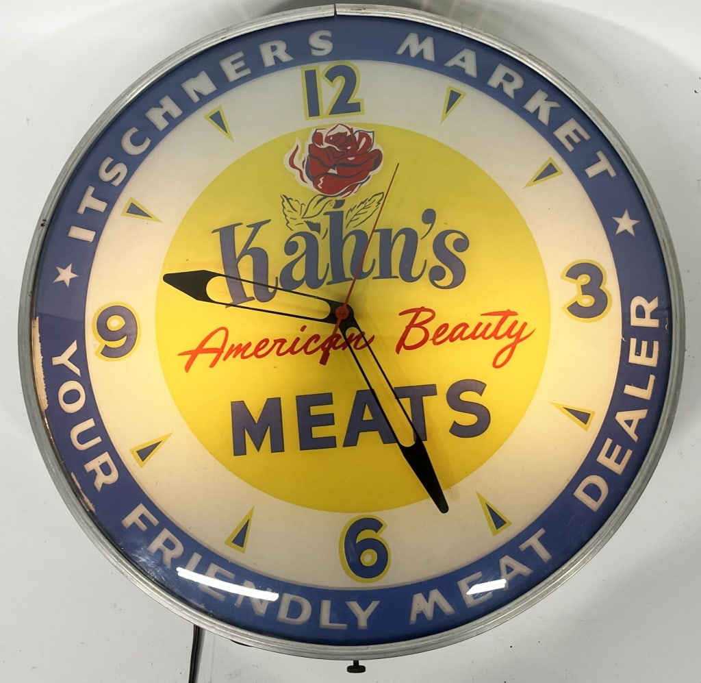 ITSCHNERS KAHAN'S MEAT LIGHTUP CLOCK: Itschners Market Kahan's Meats Lightup Clock. All original in great shape. Worked when tested. 18 1/2" Excellent