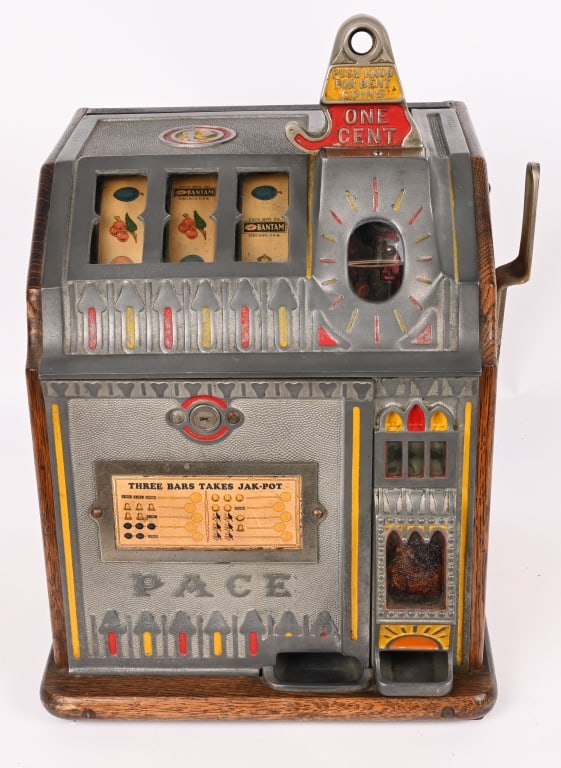 PACE 1c BANTAM SLOT MACHINE: Pace 1c Bantam Slot Machine. All original condition. Normal expected patina that shows well. Worked when tested. 19 1/2" Excellent This is not a standard shippable item and will require 3rd party ship