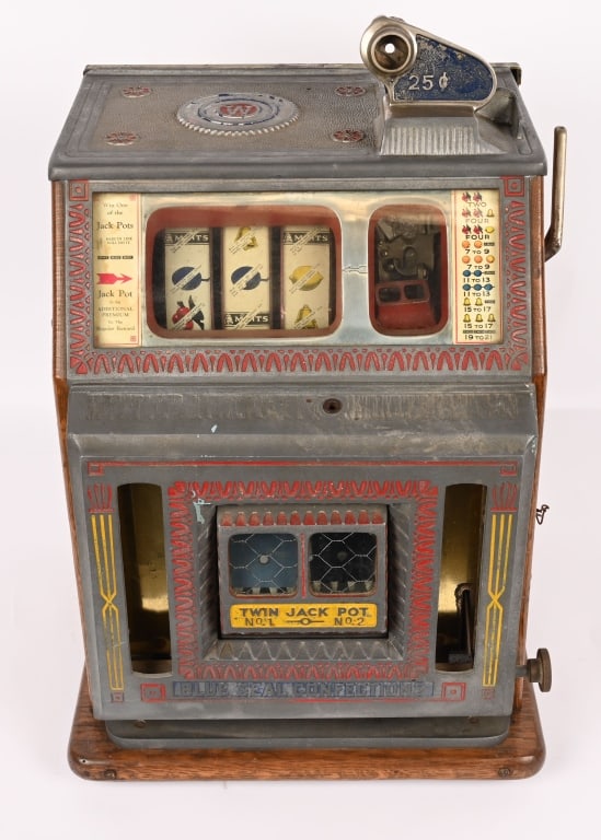 WATLING 25c BLUE SEAL TWIN JACKPOT SLOT MACHINE: Watling 25c Blue Seal Twin Jackpot Slot Machine. All original as found condition. Did not work when tested. With back door missing lock. hard machine to find in any condition. 24" Very Good This is no