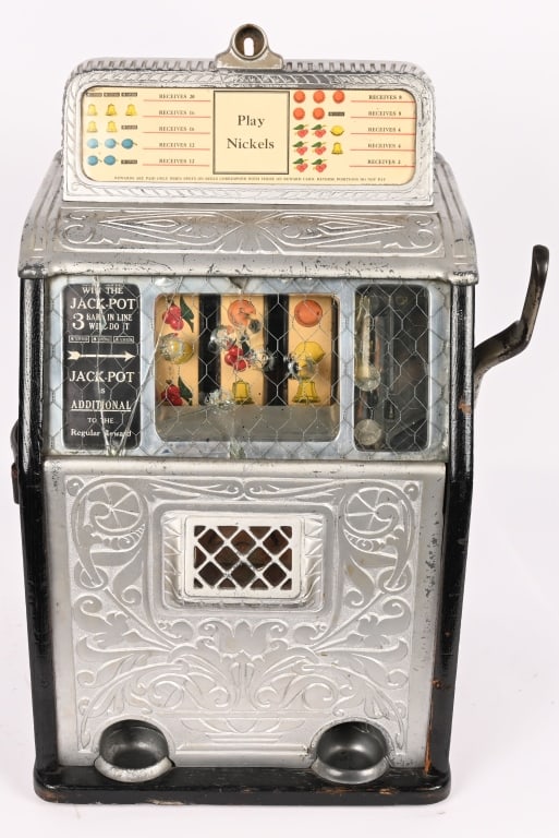 CAILLE 5c SUPERIOR JACKPOT SLOT MACHINE: Caille 5c Superior Jackpot Slot Machine. All original machine in as found condition. Worked when tested. Glass in front damaged and missing lock. 24" Very Good This is not a standard shippable item