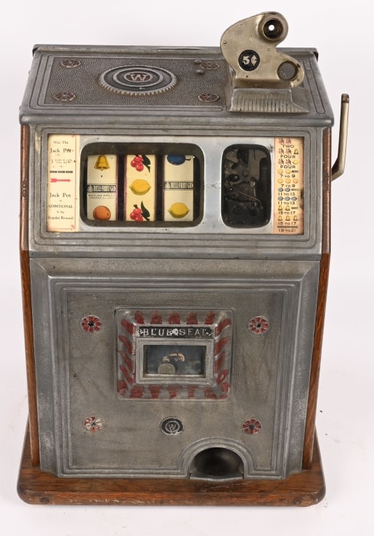 WATLING 5c BLUE SEAL SLOT MACHINE: Watling 2c Blue Seal Slot Machine. All original as found condition. Worked when tested. With keys. 24" Very Good-Excellent This is not a standard shippable item and will require 3rd party shipping or