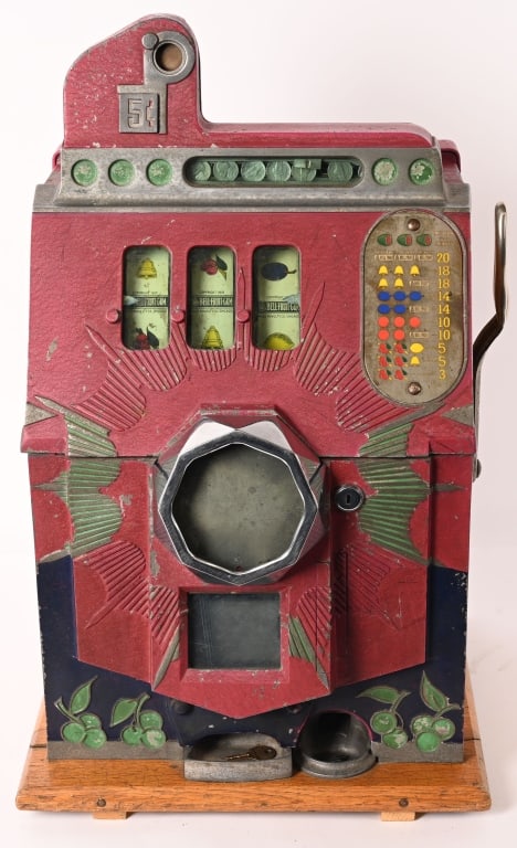 MILLS 5c BURSTING CHERRY SLOT MACHINE: Mills 5c Bursting Cherry Slot Machine. All original condition. Needs adjustment to work. Comes with keys. 26" Very Good This is not a standard shippable item and will require 3rd party shipping or