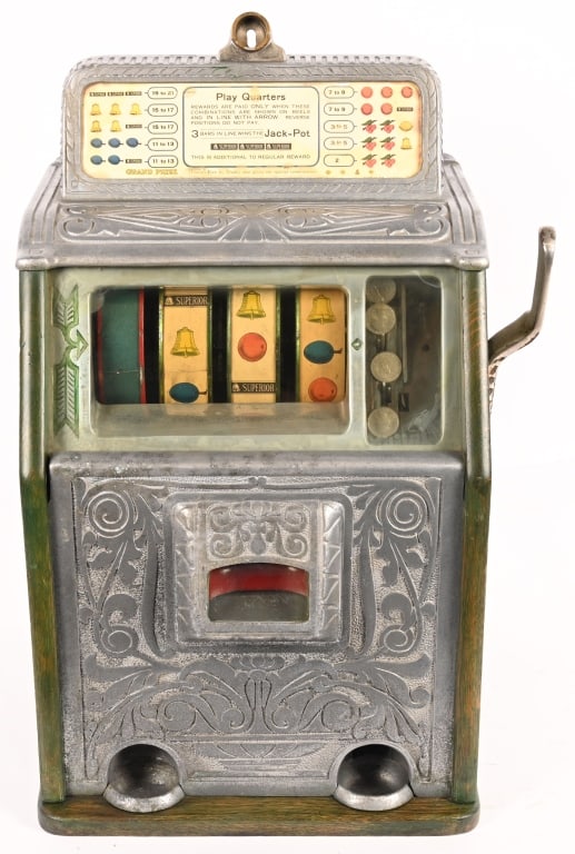 CAILLE 25c SUPERIOR JACKPOT SLOT MACHINE: Caille 25c Superior Jackpot Slot Machine. Mostly original machine in nice condition. Worked when tested. Comes with key. 24" Excellent This is not a standard shippable item and will require 3rd party