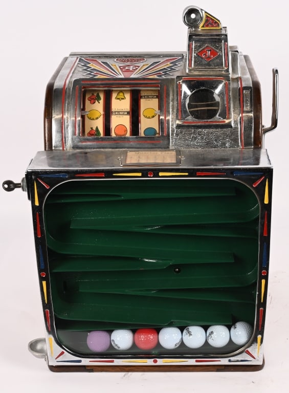 JENNINGS 25c SPORTMANS GOLF BALL SLOT MACHINE: RARE Jennings 25c Sportsmans Golf Ball Slot Machine. Mostly original machine with some very well done repainting. Worked when tested. Very hard to find machine. 24" Excellent This is not a standard