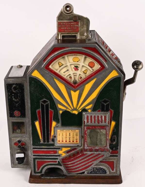 JENNINGS 1c LITTLE DUKE SLOT MACHINE GUM VENDOR: Jennings 1c Little Duke Slot Machine with Gum Vendor. Mostly original with some paint touchup. Glass on jackpot cracked. Needs adjustment to work. With keys. 25" Very Good Provenance: Rick Frink Colle