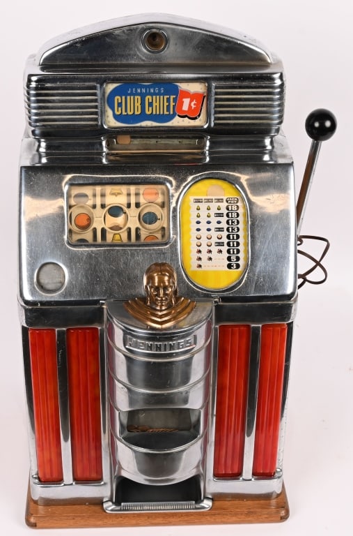 JENNINGS 1c CLUB CHIEF SLOT MACHINE: Jennings 1c Club Chief Slot Machine. All original nice condition. Worked when tested. Comes with keys. 28" Excellent This is not a standard shippable item and will require 3rd party shipping or pickup
