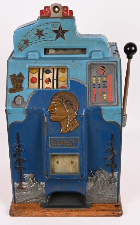 JENNINGS 5c INDIAN CHIEF SLOT MACHINE: Jennings 5c Indian Chief Slot Machine. Nice machine in original condition. Worked when tested. Comes with keys. 26" Excellent This is not a standard shippable item and will require 3rd party shipping