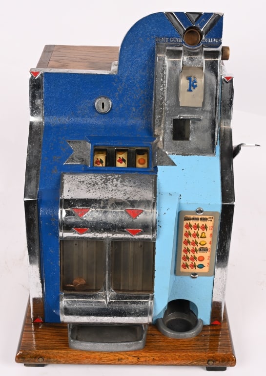 MILLS 1c QT CHEVRON SLOT MACHINE: Mills 1c QT Chevron Slot Machine. Mostly in original condition. Needs adjustment to work. Comes with keys. 18" Very Good This is not a standard shippable item and will require 3rd party shipping or