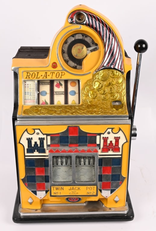 MILLS 5c CASTLE ROL-A-TOP JACKPOT SLOT MACHINE: Mills 5c Castle Rol-A-Top Twin Jackpot Slot Machine. Great looking machine that has been very nicely restored. Worked well when tested. Very nice looking machine. Comes with key. 26" Excellent This