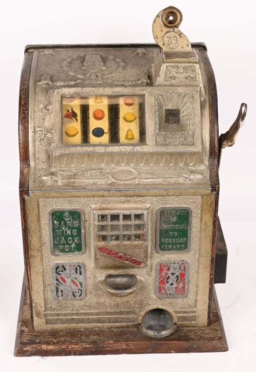 MILLS 5c POINSETTIA SLOT MACHINE: Mills 5c Poinsettia Slot Machine. Original as found condition. Worked when tested. Comes with key. 25" Very Good-Excellent This is not a standard shippable item and will require 3rd party shipping or