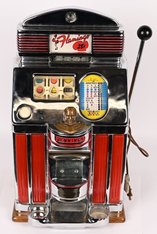 JENNINGS 25c SUN CHIEF SLOT MACHINE: Jennings 25c Sun Chief Slot Machine. Has Flamingo insert on top. Very clean original condition. Worked when tested. With replaced strips. 27" Excellent This is not a standard shippable item and will