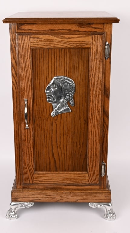 SLOT MACHINE STAND w/ INDIAN ON DOOR: Contemporary wooden Slot Machine Stand with Indian on the door. Very nice condition with claw feet. 34"x17"x17" Excellent This is not a standard shippable item and will require 3rd party shipping or
