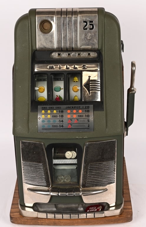 MILLS 25c HIGH TOP SLOT MACHINE: Mills 25c High Top Slot Machine. Nice clean machine that works well. Worked when tested. Back is present but not secure. Missing keys. 25" Excellent This is not a standard shippable item and will