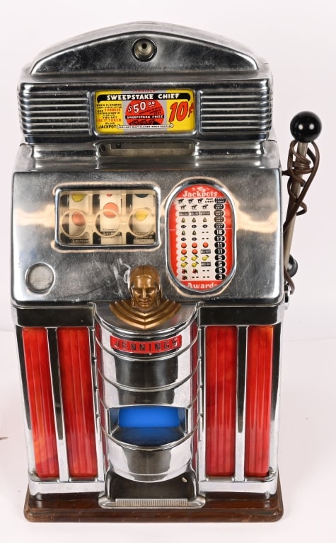 JENNINGS 25c SUN CHIEF SLOT MACHINE: Jennings 25c Sun Chief Slot Machine. Has Sweepstake Chief insert on top. Very clean original condition. Worked when tested. Has replaced strips. 27" Excellent This is not a standard shippable item