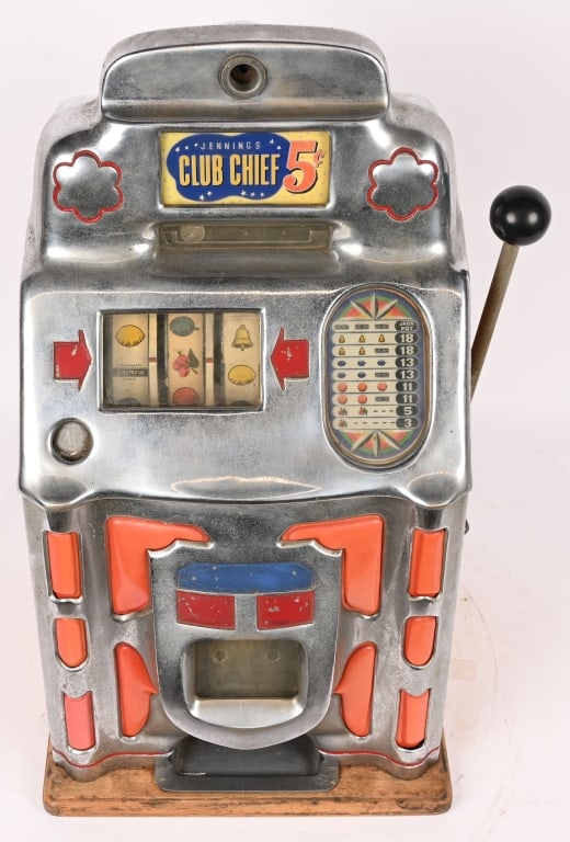 JENNINGS 5c CLUB CHIEF SLOT MACHINE: Jennings 5c Club Chief Slot Machine. All original in clean condition. Worked when tested. With keys. 27" Excellent This is not a standard shippable item and will require 3rd party shipping or pickup