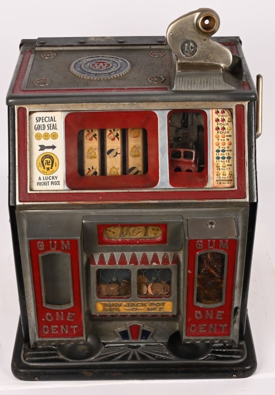 WATLING 1c TWIN JACKPOT SLOT MACHINE GUM VENDOR: Watling 1c Twin Jackpot Slot Machine Gum Vendor. All original condition. Worked when tested. Backdoor missing lock. 24" Excellent Provenance: Rick Frink Collection