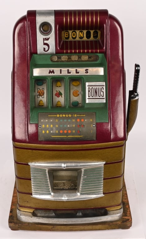 MILLS 5c BONUS SLOT MACHINE: Mills 5c Bonus Slot Machine. Nice original condition. Worked when tested. With keys. 25 1/2" Excellent This is not a standard shippable item and will require 3rd party shipping or pickup arrangements 