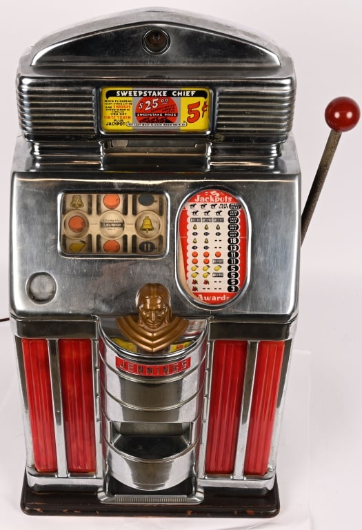 JENNINGS 5c SUN CHIEF SLOT MACHINE: Jennings 5c Sun Chief Slot Machine. Has Sweepstake Chief insert on top. Very clean original condition. Worked when tested. Comes with key. 27" Excellent This is not a standard shippable item and will 