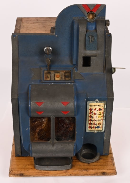 MILLS 1c QT CHEVRON SLOT MACHINE: Mills 1c QT Chevron Slot Machine. Mostly in original condition. Worked when tested. Comes with keys. 18" Very Good-Excellent This is not a standard shippable item and will require 3rd party shipping o