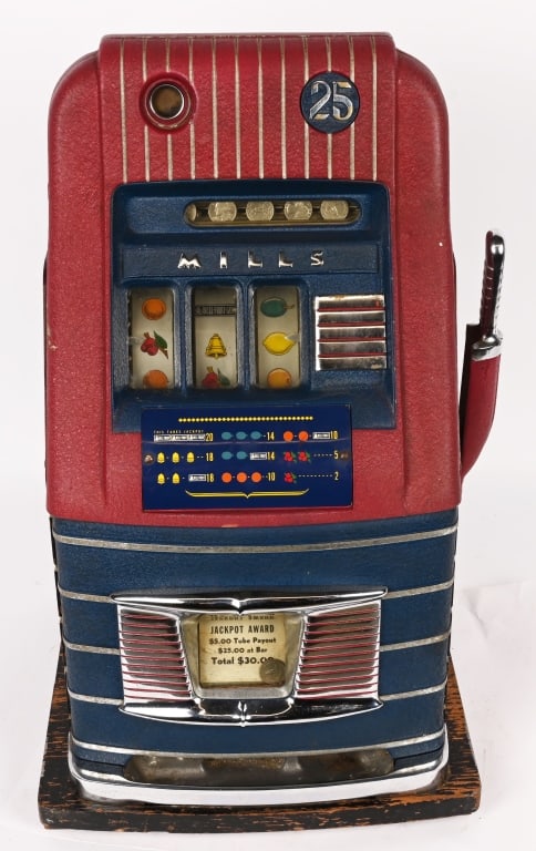 MILLS 25c HIGH TOP SLOT MACHINE: Mills 25c High Top Slot Machine. Nice clean machine. Needs adjustment to work. With keys. 25" Excellent This is not a standard shippable item and will require 3rd party shipping or pickup arrangements