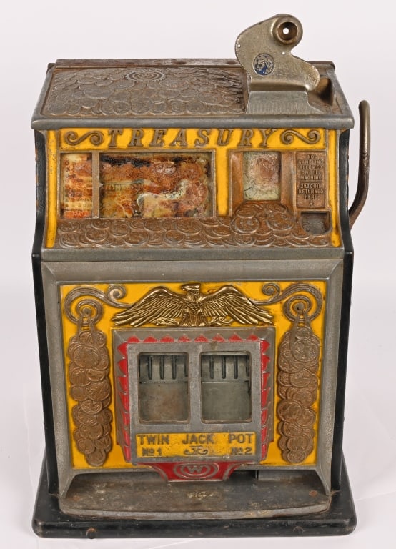 WATLING 5c TREASURY SLOT MACHINE: Watling 5c Treasury Slot Machine. All original condition. Glass is in bad condition. Worked when tested. Back missing lock. 25" Very Good This is not a standard shippable item and will require 3rd par