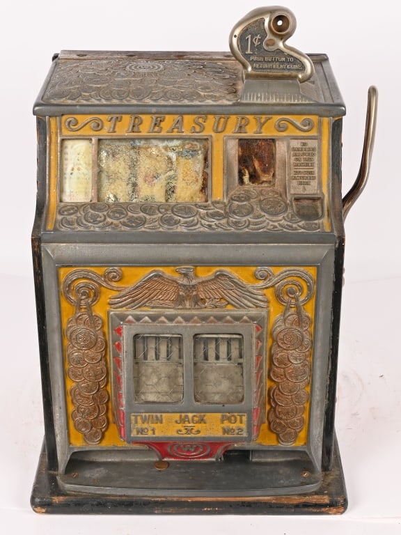 WATLING 1c TREASURY SLOT MACHINE: Watling 1c Treasury Slot Machine. All original condition. Glass is in bad condition. Worked when tested. Back missing lock. 25" Very Good This is not a standard shippable item and will require 3rd par
