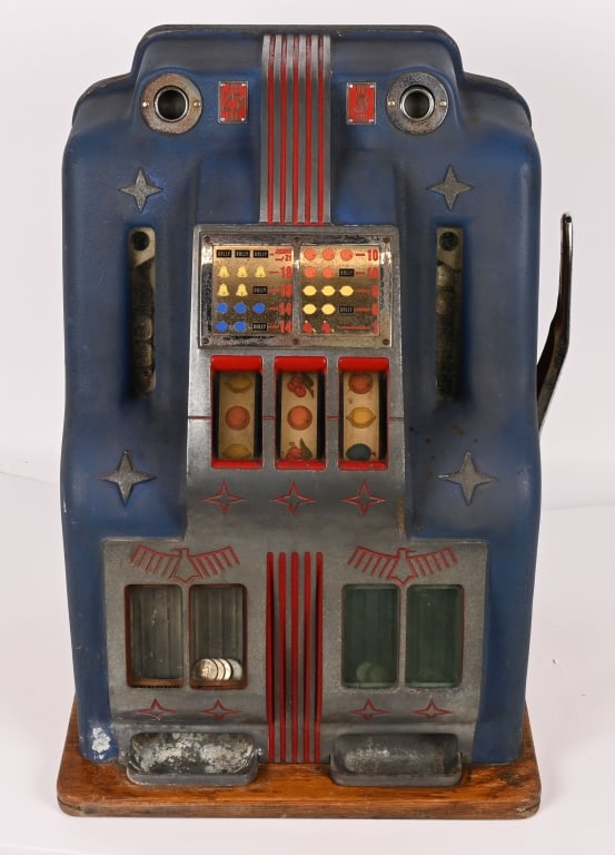 BALLY 25c & 5c DOUBLE BELL SLOT MACHINE: Bally 25c & 5c Double Bell Slot Machine. All original clean condition. Worked when tested. With keys. 26" Excellent This is not a standard shippable item and will require 3rd party shipping or pickup 