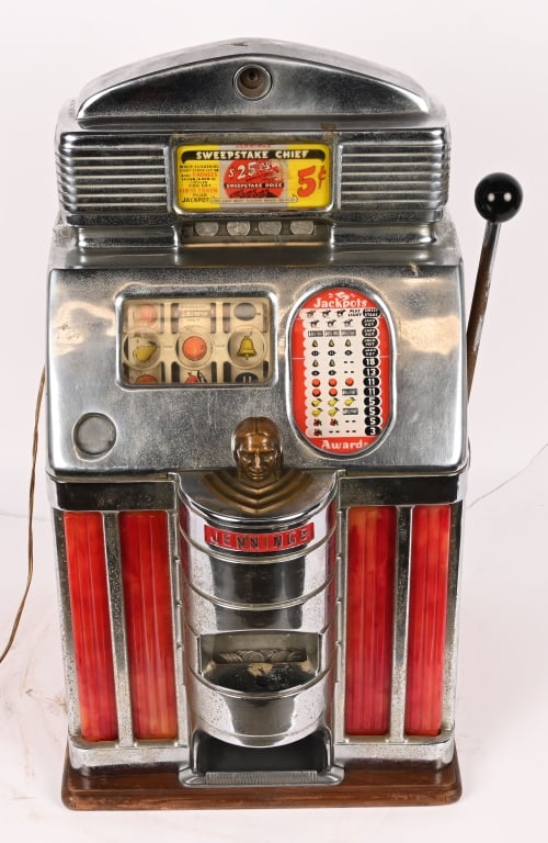 JENNINGS 5c SUN CHIEF SLOT MACHINE: Jennings 5c Sun Chief Slot Machine. Has Sweepstake Chief insert on top. Very clean original condition. Worked when tested. Comes with key. 27" Excellent This is not a standard shippable item and will 