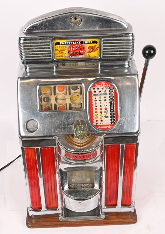 JENNINGS 25c SUN CHIEF SLOT MACHINE: Jennings 25c Sun Chief Slot Machine. Has Sweepstake Chief insert on top. Very clean original condition. Worked when tested. Comes with key. 27" Excellent This is not a standard shippable item and will