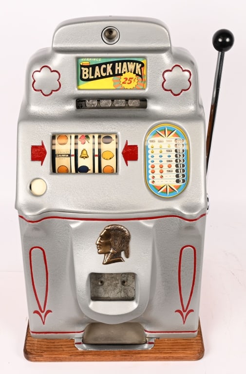 JENNINGS 25c BLACK HAWK SLOT MACHINE: Jennings 25c Black Hawk Slot Machine. Restored and worked when tested. Comes with keys. 27" Excellent This is not a standard shippable item and will require 3rd party shipping or pickup arrangements