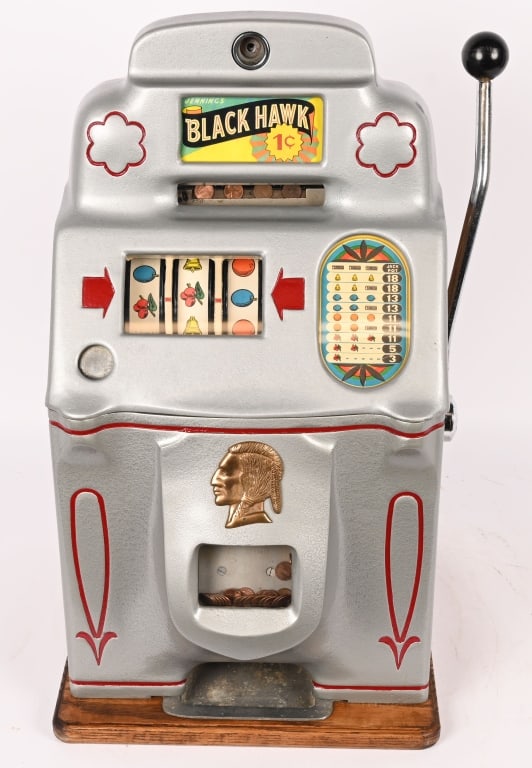 JENNINGS 1c BLACK HAWK SLOT MACHINE: Jennings 1c Black Hawk Slot Machine. Restored and worked when tested. Comes with keys. 27" Excellent This is not a standard shippable item and will require 3rd party shipping or pickup arrangements